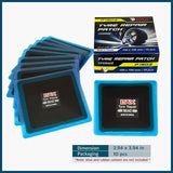 Eight black square PAX 100x100mm natural rubber tire repair patches laid flat, showing nylon ply surface and PET film backing - view 2