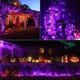 Brizled 200 LED purple Halloween string lights on black PVC wire spanning 72 feet outdoors at night - view 2