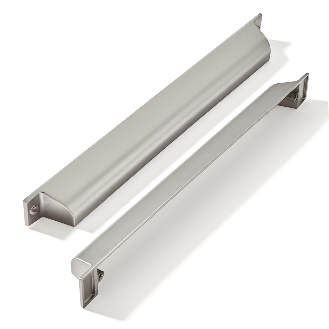 Five brushed nickel zinc alloy 7-inch cup pulls for kitchen cabinet drawers arranged on a white surface