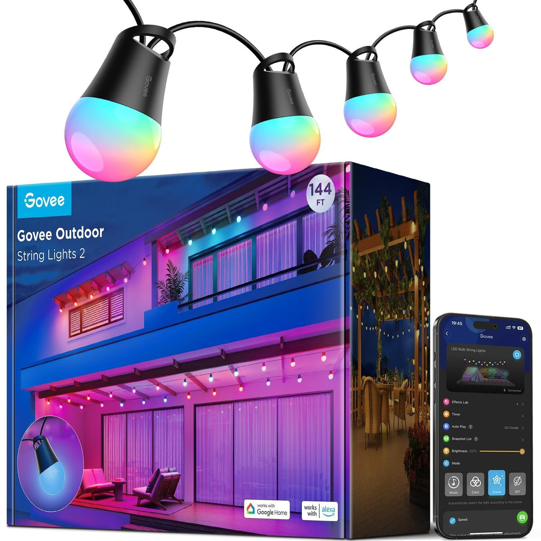 Govee H7039 RGBIC smart outdoor string lights with 45 colorful bulbs strung across a patio, 144ft total length