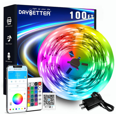 DAYBETTER 100ft RGB LED strip lights kit with remote control showing multicolor lighting installed in bedroom