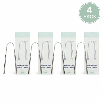 Four stainless steel curved tongue scrapers from Huppy arranged on a white surface, BPA-free oral care set