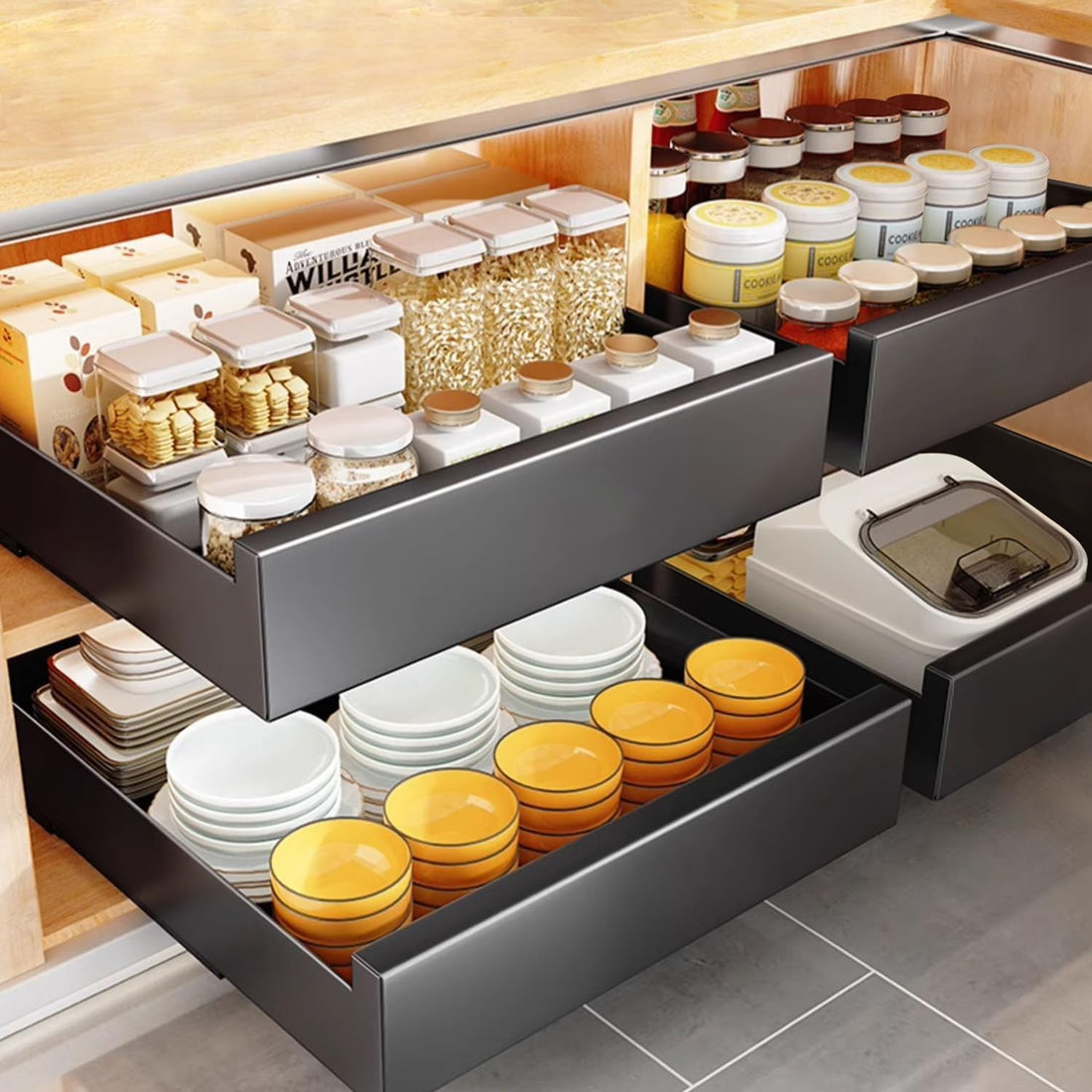 Black carbon steel pull-out cabinet organizer with 4 compartments, 20.87 inches wide, adhesive nano film mounting, polished finish