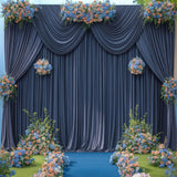 Four navy blue silky backdrop curtain panels 5x12 feet hung on a rod, showing smooth wrinkle-free drape for wedding or photo booth use - view 2