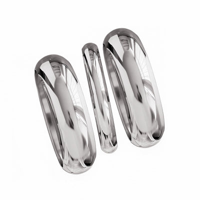 Set of 3 chunky wide silver cuff bangle bracelets stacked on wrist, zinc alloy stackable statement jewelry