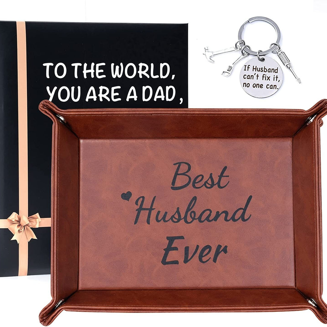 Brown PU leather valet tray embossed with Best Husband Ever text, matching keychain, and gift bag on display