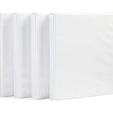 Four white AmazonBasics 1-inch 3-ring binders with clear overlay covers and interior pockets, shown in original packaging