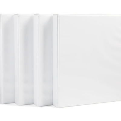 Four white AmazonBasics 1-inch 3-ring binders with clear overlay covers and interior pockets, shown in original packaging