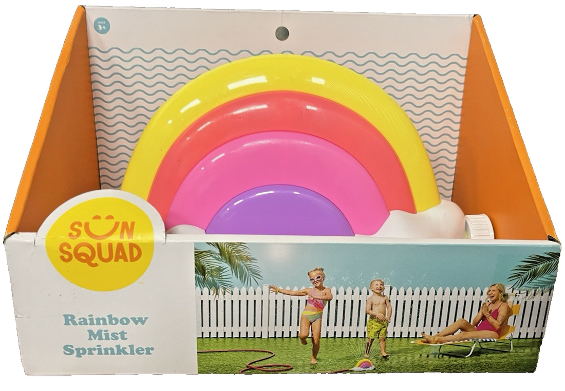 Sun Squad Rainbow Mist Sprinkler kids outdoor water toy with colorful rainbow design connected to garden hose