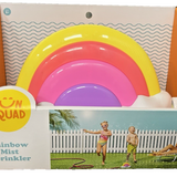 Sun Squad Rainbow Mist Sprinkler kids outdoor water toy with colorful rainbow design connected to garden hose