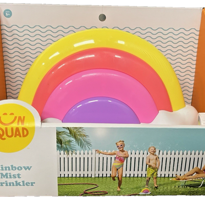 Sun Squad Rainbow Mist Sprinkler kids outdoor water toy with colorful rainbow design connected to garden hose