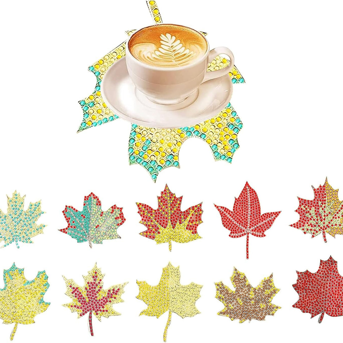 Belors 10-piece fall maple leaf diamond art coaster kit with 8 wood coasters, wooden holder, pen, tray, and colorful diamond beads