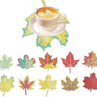Belors 10-piece fall maple leaf diamond art coaster kit with 8 wood coasters, wooden holder, pen, tray, and colorful diamond beads