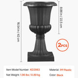 Two black PP plastic pedestal urn planters 9.8x16.5 inches displayed on a patio, VEVOR classic style flower pots - view 3