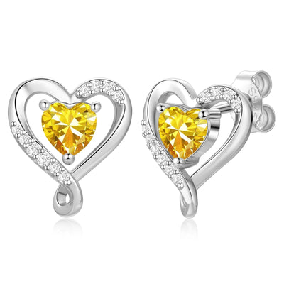 Zifeel S925 sterling silver heart stud earrings with yellow November birthstone accent and butterfly closure on white background