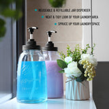 Set of 2 clear glass laundry detergent dispenser bottles with pump, 50oz each, farmhouse-style labels, on laundry room shelf - view 3