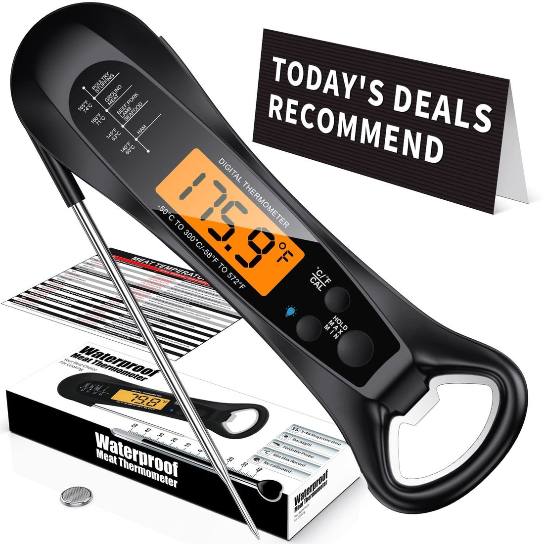 NIUTA black digital instant read meat thermometer with foldable stainless steel probe and backlit LCD display