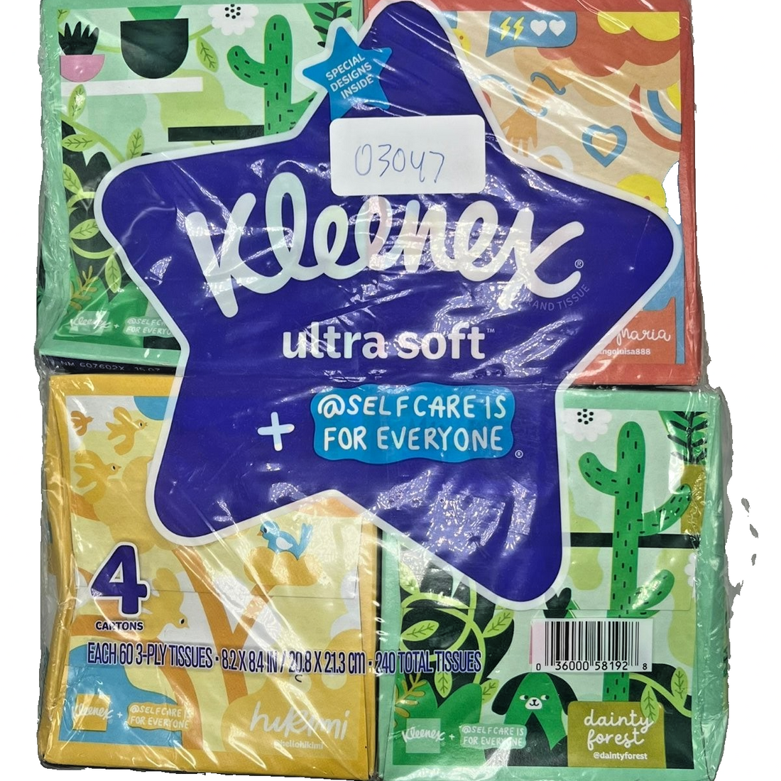 Four Kleenex Ultra Soft 3-ply facial tissue cube boxes with Dainty Forest decorative art, 60 sheets each