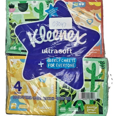 Four Kleenex Ultra Soft 3-ply facial tissue cube boxes with Dainty Forest decorative art, 60 sheets each