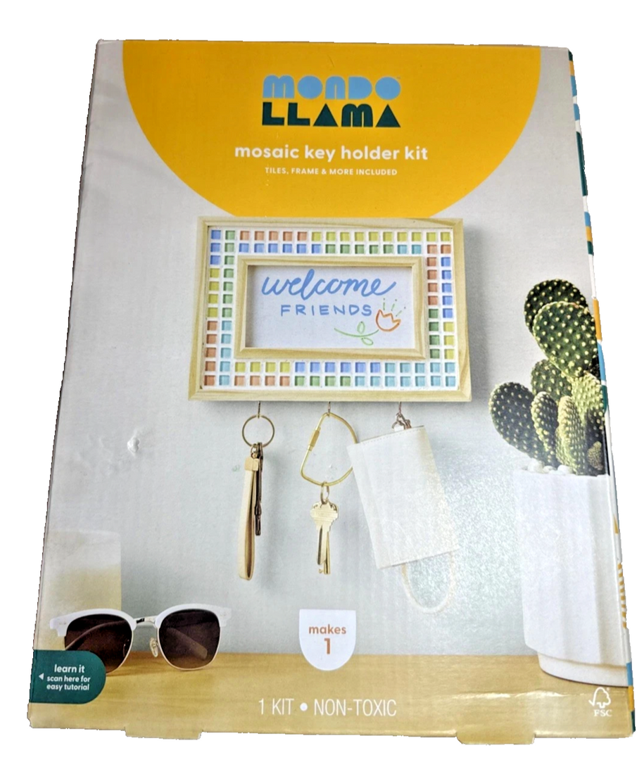 Mondo Llama pumpkin mosaic key holder craft kit with bamboo frame, colorful tiles, hooks, glue, sponge and tray