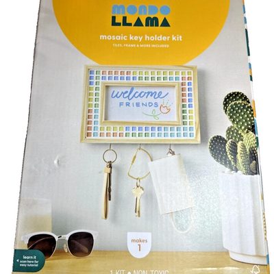 Mondo Llama pumpkin mosaic key holder craft kit with bamboo frame, colorful tiles, hooks, glue, sponge and tray