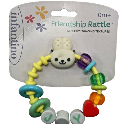 Infantino Friendship Rattle Easter edition circular baby rattle with colorful sliding shapes and stroller clip