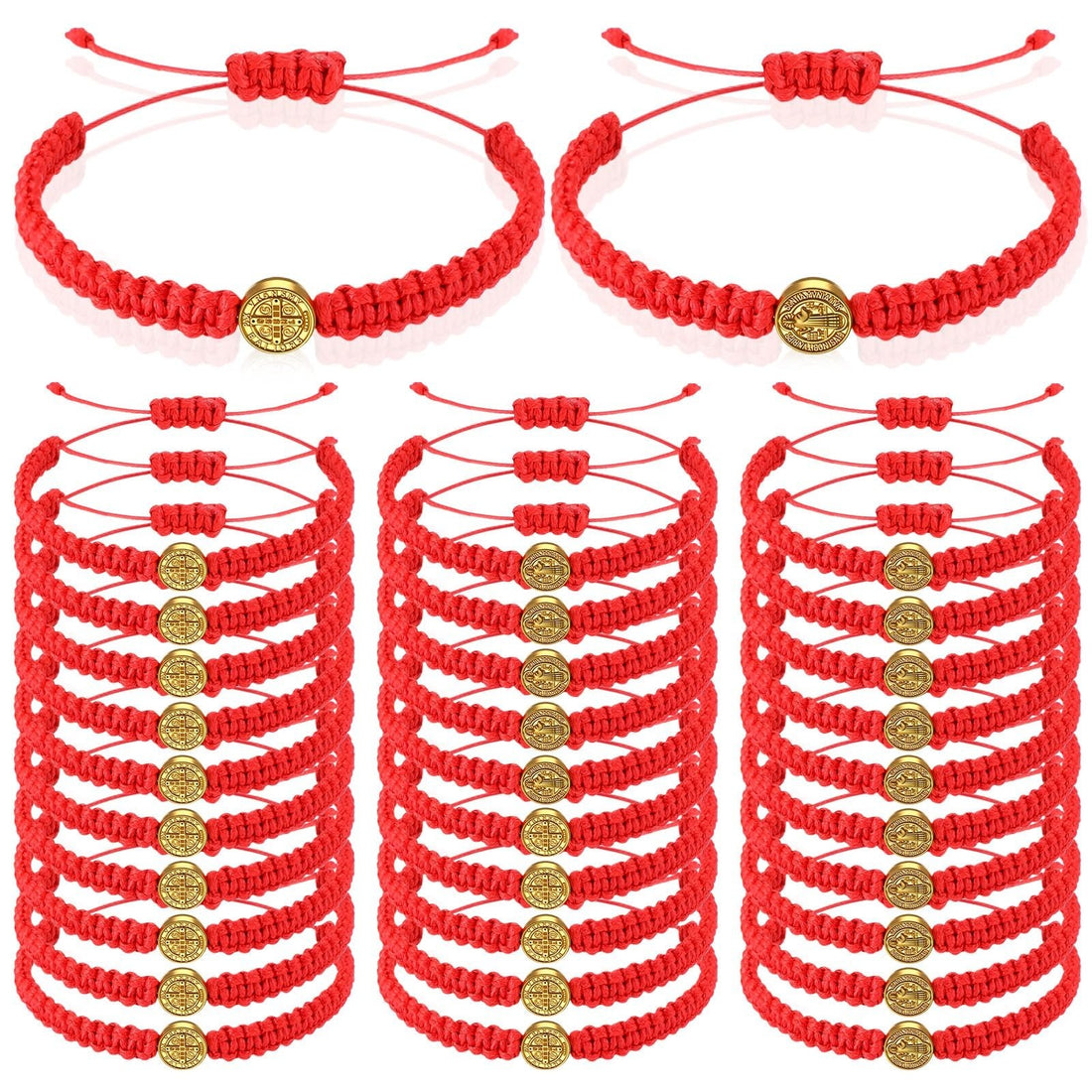 Set of 20 red and gold cord Saint Benedict medal bracelets with S-hook clasp displayed on a flat surface