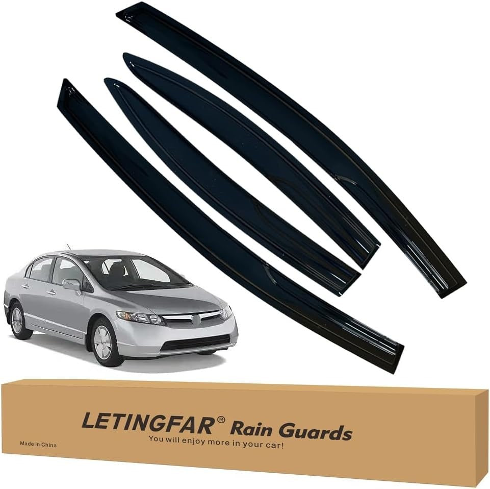Set of four black tape-on window rain guards for Honda Civic 2006-2011, showing front and rear door visors