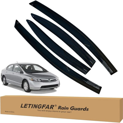 Set of four black tape-on window rain guards for Honda Civic 2006-2011, showing front and rear door visors