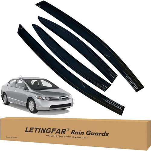 Set of four black tape-on window rain guards for Honda Civic 2006-2011, showing front and rear door visors