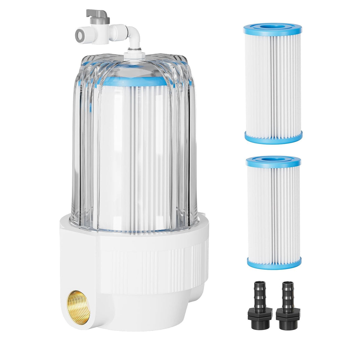 AS ColdPlunge white polypropylene filter housing with twist-off lid, three 5-inch 20-micron cartridges and two MNPT fittings for ice bath