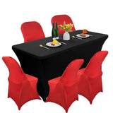 Set of 10 red stretch spandex fitted folding chair covers with elastic bands displayed on white folding chairs - view 5