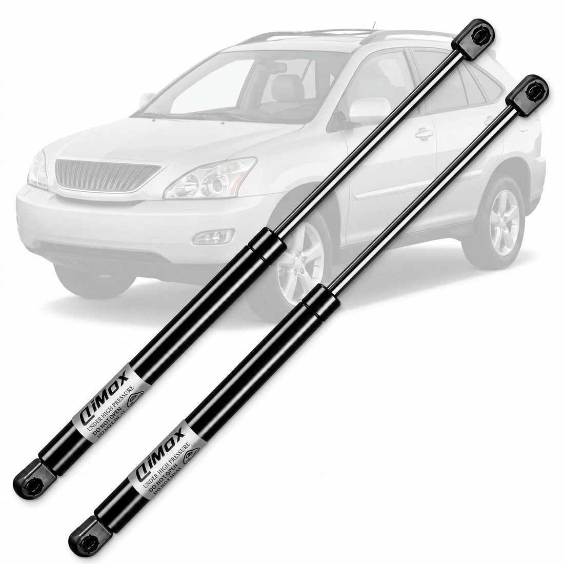 Two black QiMox liftgate lift support struts for Lexus RX330 RX350, OEM part 68950-0E021, 20.43 inches extended