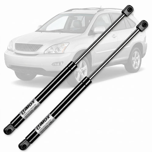 Two black QiMox liftgate lift support struts for Lexus RX330 RX350, OEM part 68950-0E021, 20.43 inches extended