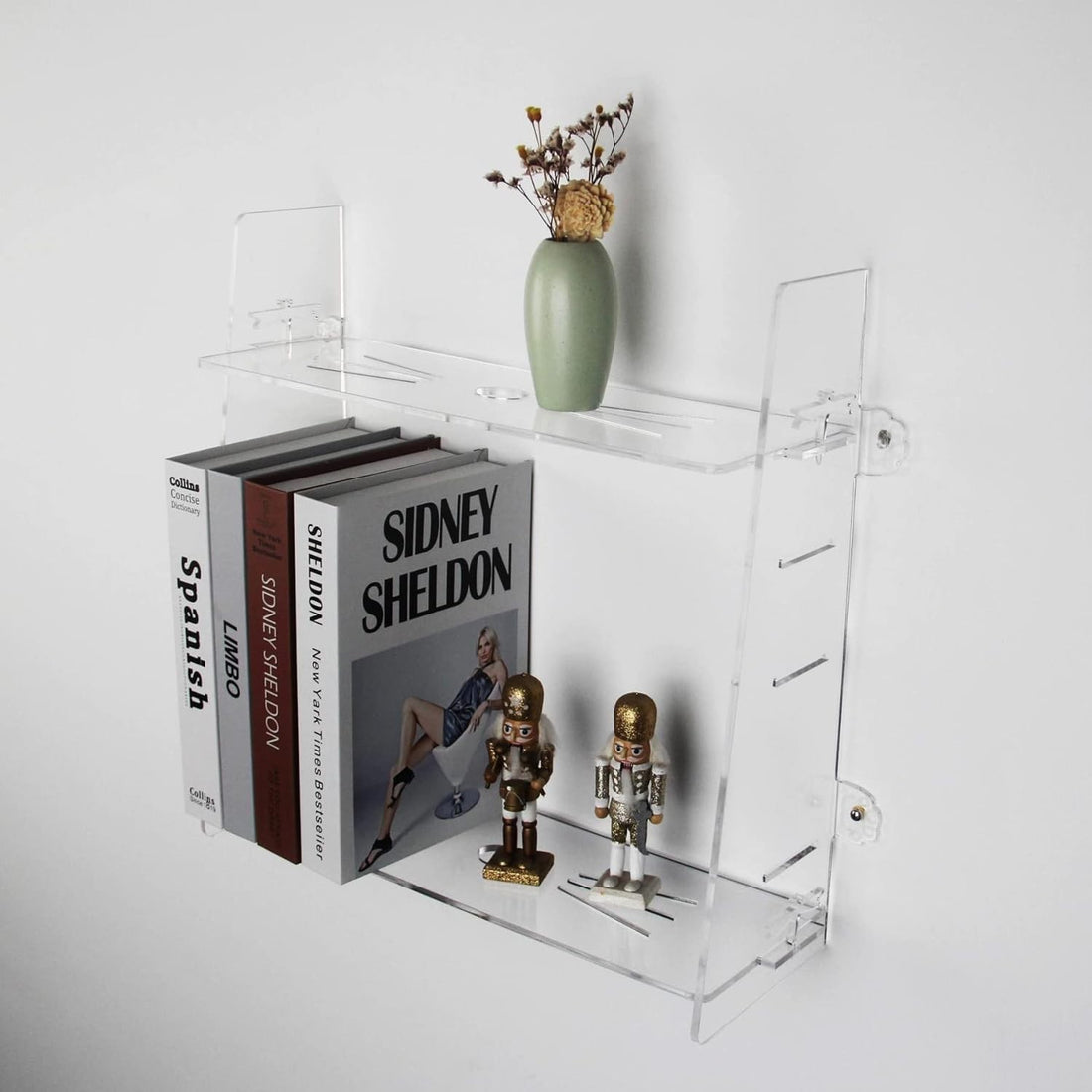 Two clear acrylic floating wall-mounted shelves 15 inches displayed in a bathroom holding small decor items