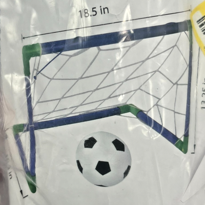 Mini blue PVC frame kids soccer goal with green corner joints and polyester net, 18.5x13.25 inches, for toddlers