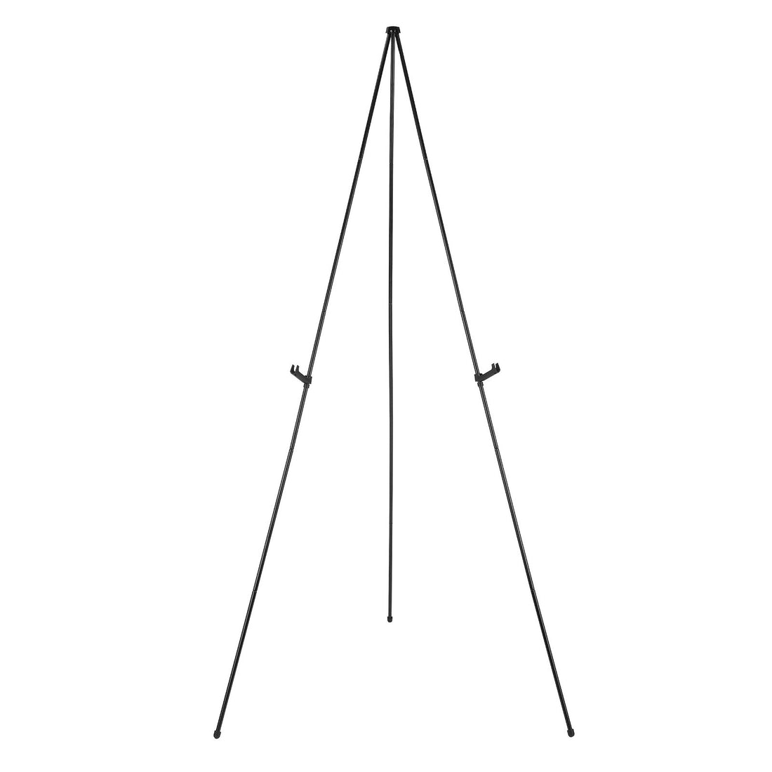 Amazon Basics black steel collapsible tripod easel display stand fully extended on floor holding a poster