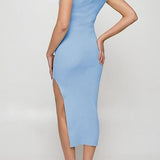 Women wearing blue sleeveless ribbed bodycon midi dress with square neck, wide straps, and front cutout detail - view 5