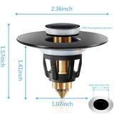 Matte black pop-up bathroom sink drain stopper and strainer basket, round, stainless steel and brass construction - view 2