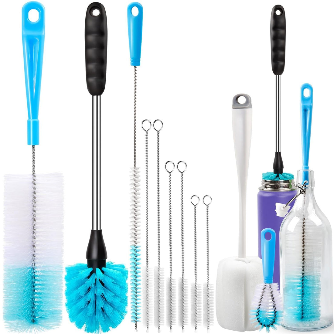 Holikme 11-piece white bottle brush cleaning set with long handle straw and tube brushes arranged together