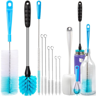 Holikme 11-piece white bottle brush cleaning set with long handle straw and tube brushes arranged together