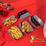 50 black and white checkered racing car paper food trays fanned out showing nacho and popcorn serving size - view 2