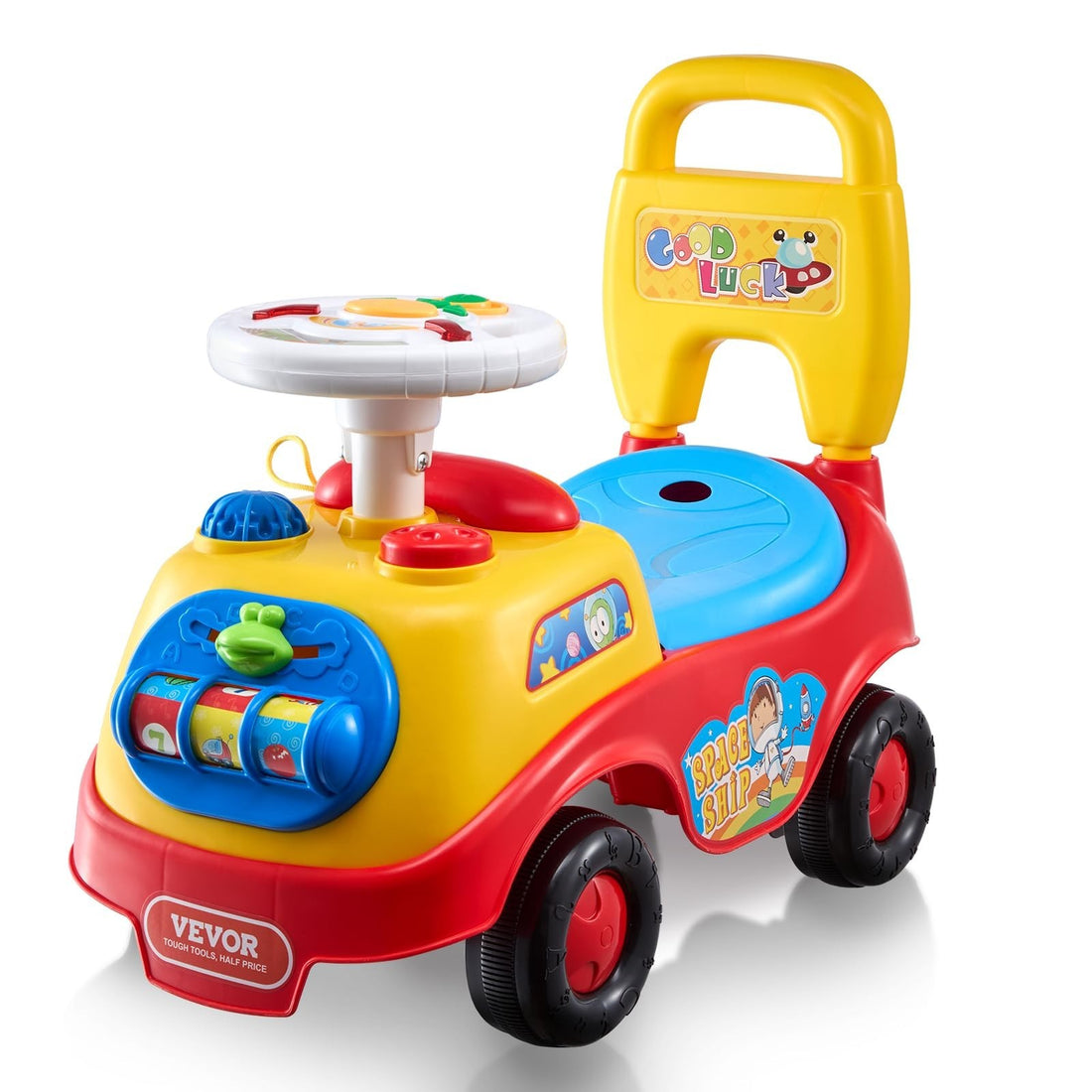 VEVOR toddler ride on push car with music steering wheel and horn, four-wheel design with under-seat storage compartment