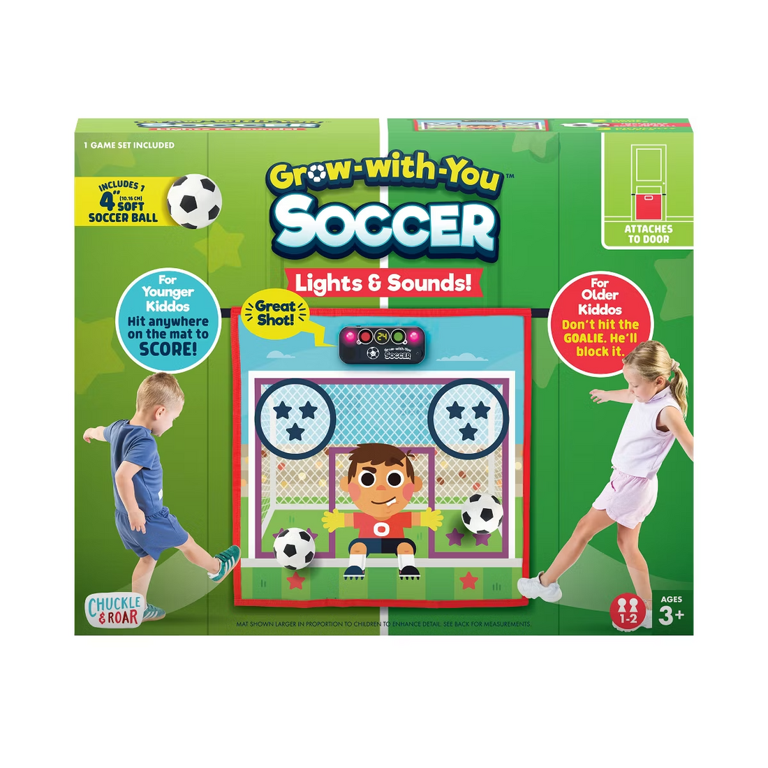 Chuckle & Roar indoor soccer door mount game with colorful lights, soft ball, and adjustable difficulty for kids ages 3 and up