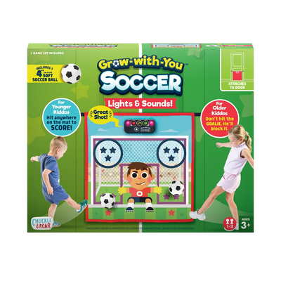 Chuckle & Roar indoor soccer door mount game with colorful lights, soft ball, and adjustable difficulty for kids ages 3 and up