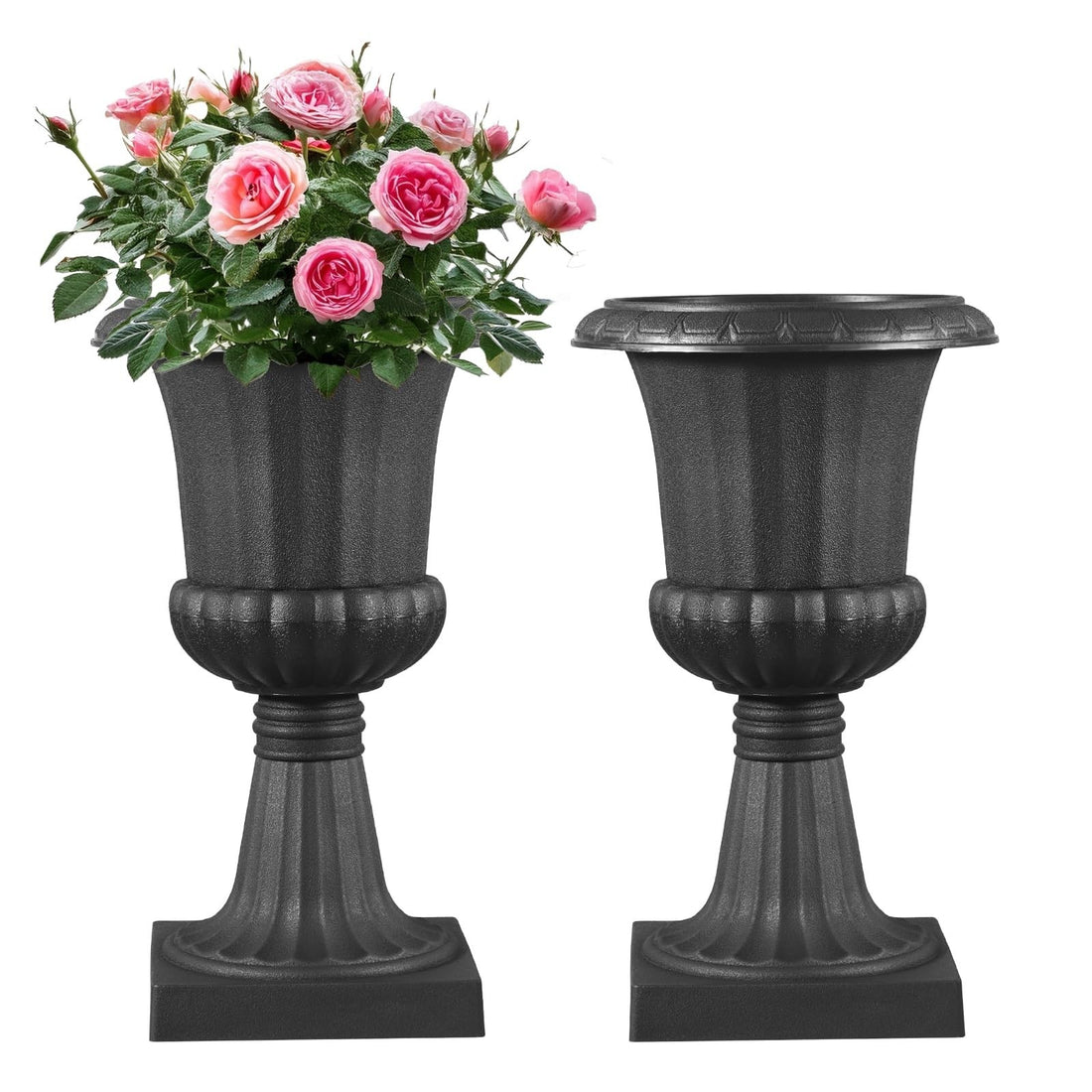 Two black PP plastic pedestal urn planters 9.8x16.5 inches displayed on a patio, VEVOR classic style flower pots