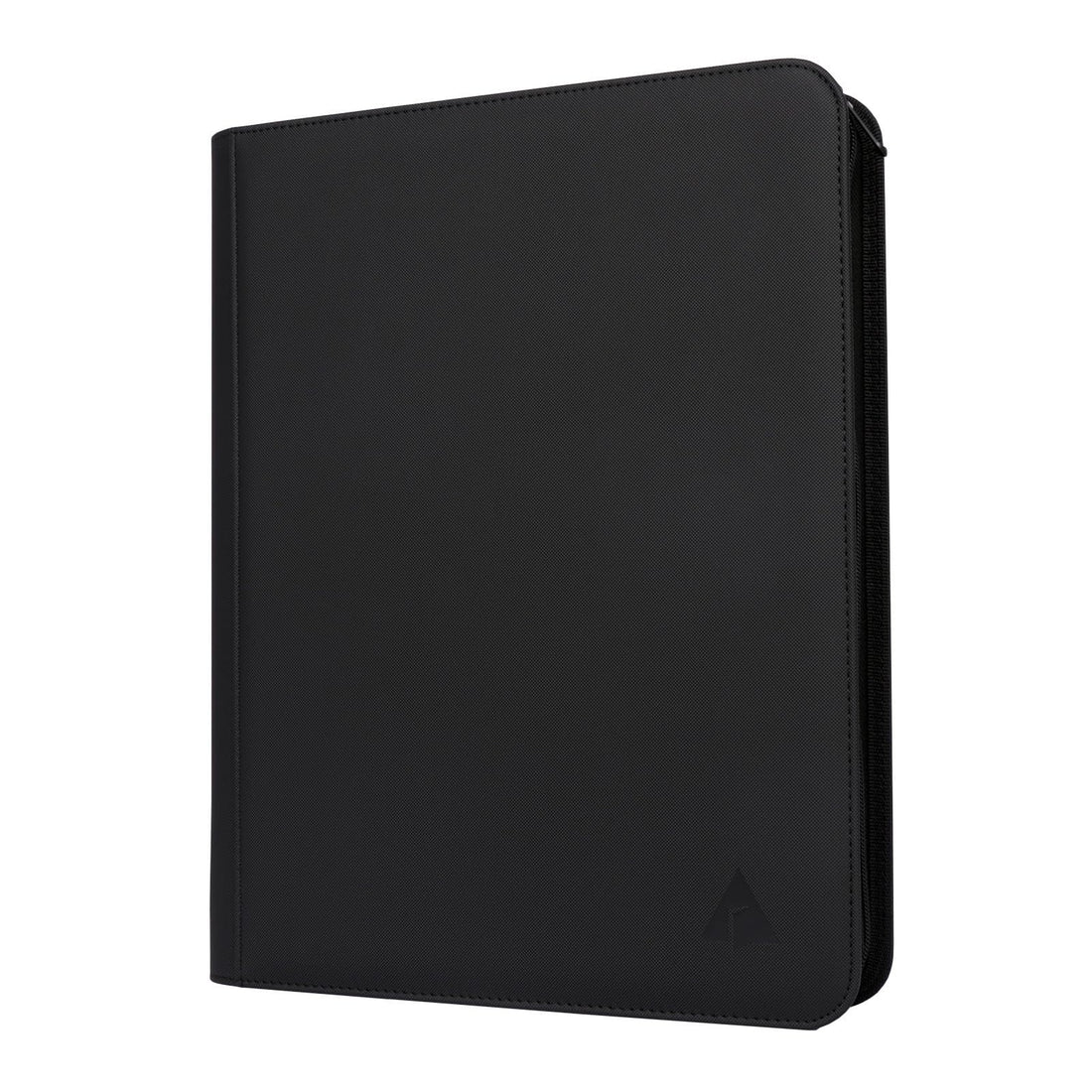 Rieton black zippered top loader binder with 9-pocket pages holding 3x4 trading card top loaders, 432 card capacity