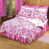 Girls pink and brown pony horse bandana print comforter set with coordinating sheet set and bonus unicorn backpack