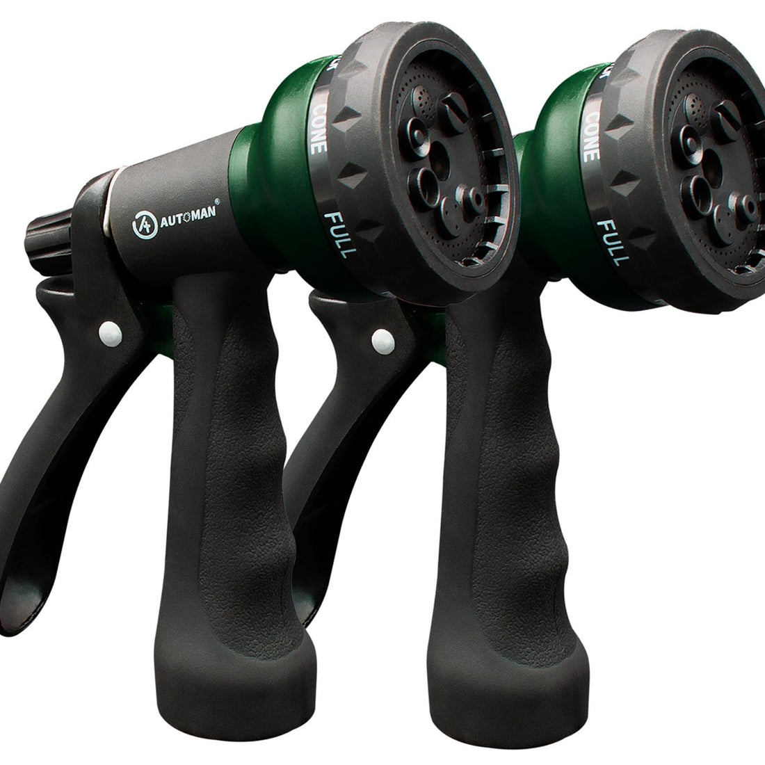 Two green AUTOMAN ABS garden hose nozzles with 7-pattern spray settings and ergonomic grip, open box condition