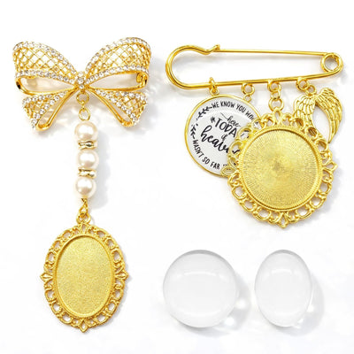Two gold-tone round pendant photo charm frames with lobster clasp, ribbon, and safety pin for bridal bouquet attachment